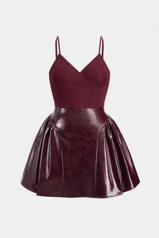 Plus Size Faux Leather Patchwork Ruched Puff Hem Sleeveless Mini Dress sold by Micas