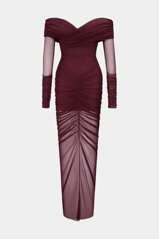 Off Shoulder Ruched Mesh Long Sleeve Maxi Dress sold by Micas