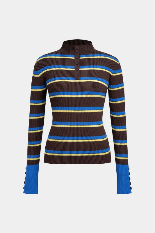 Knit Contrast Stripes Print Button Long-Sleeve Top sold by Micas