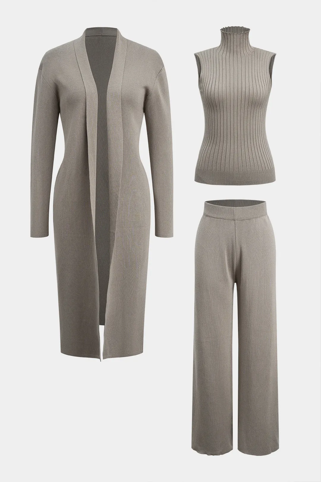 Knit Long Cardigan And High Collar Ribbed Tank Top And Pants Set sold by Micas