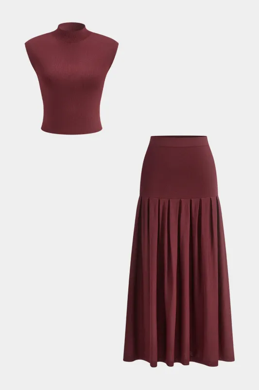 Solid Mock Neck Flutter Sleeve Top And Pleated High Waist Skirt Set sold by Micas