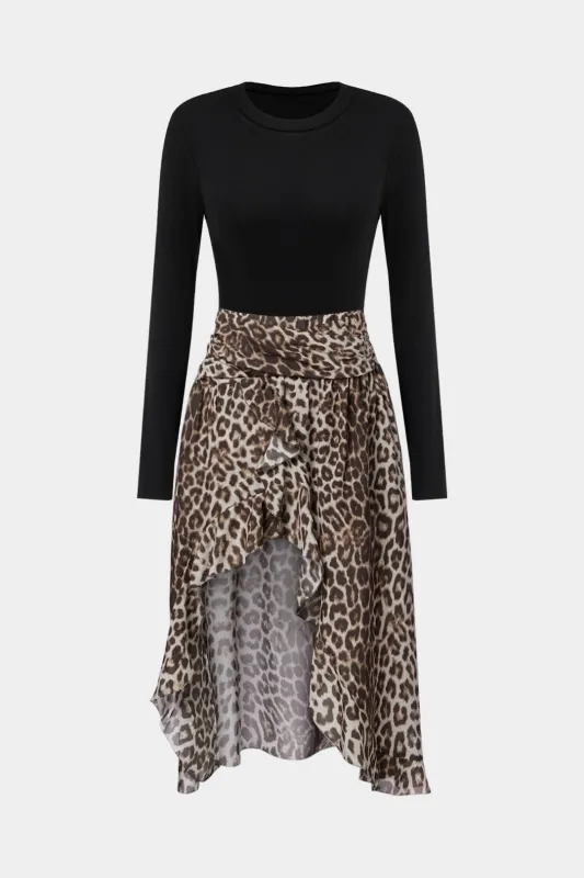 Leopard Print Patchwork Round Neck Ruffle Hem Long Sleeve Midi Dress sold by Micas