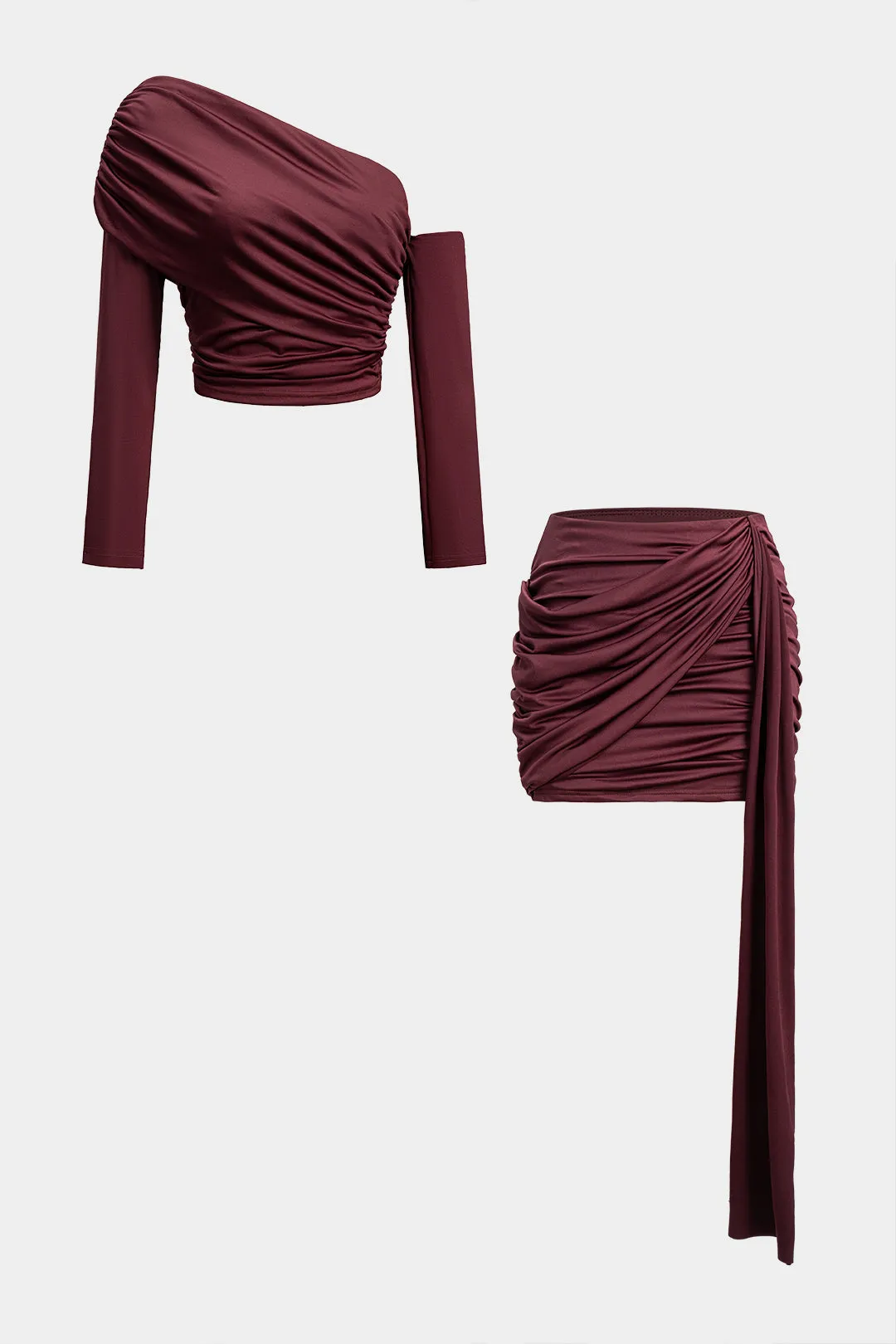 Ruched Asymmetrical Shoulder Long Sleeve Top And Bodycon Mini Skirt Set sold by Micas