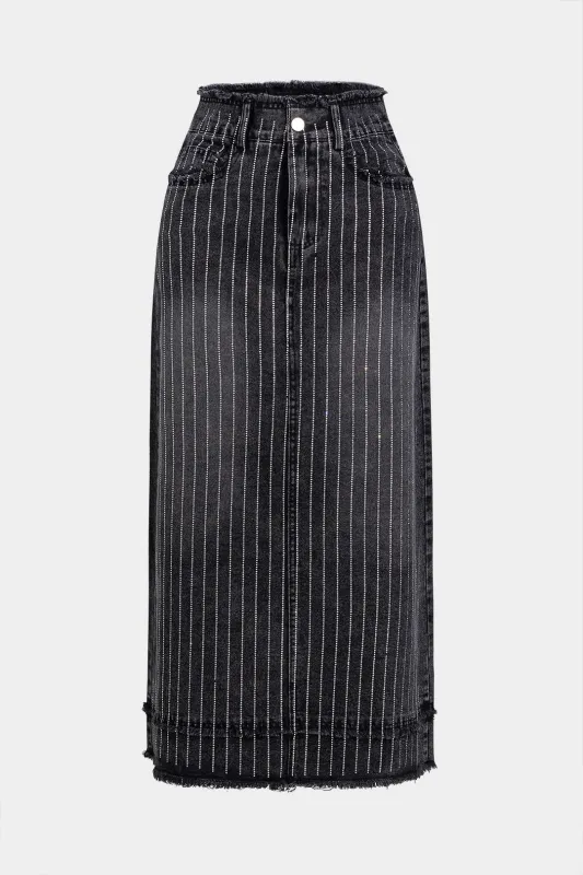 Denim Rhinestone Frayed Skirt sold by Micas