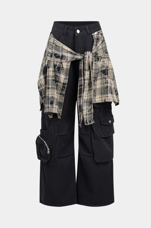 Denim Plaid Print Patchwork Pocket High Waist Jeans sold by Micas