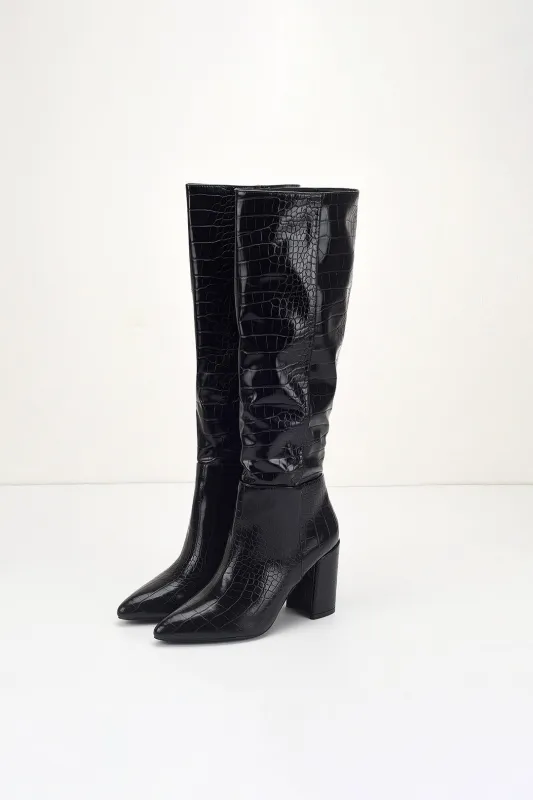 Crocodile Print Leather Pointed High Heel Over The Knee Boots made by Micas