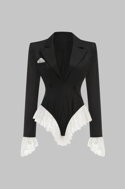 Lace Trim Notched Lapel Shoulder Pads Long Sleeve Bodysuit sold by Micas