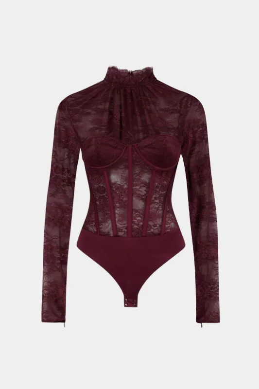 Lace Patchwork Corset Waist Long Sleeve Bodysuit sold by Micas