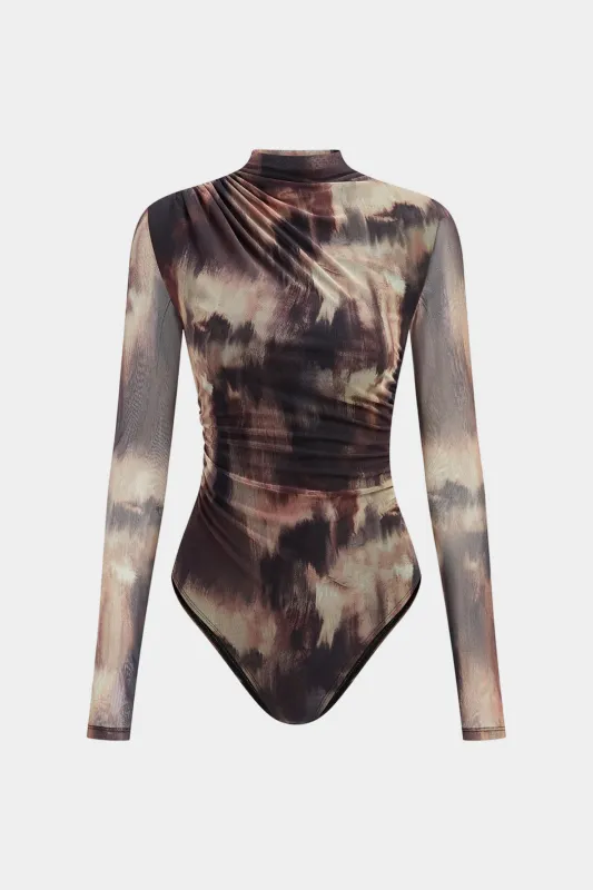 Abstract Print Mesh Ruched Long Sleeve Bodysuit sold by Micas