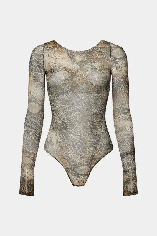 Snake Skin Print Round Neck Long Sleeve Bodysuit sold by Micas
