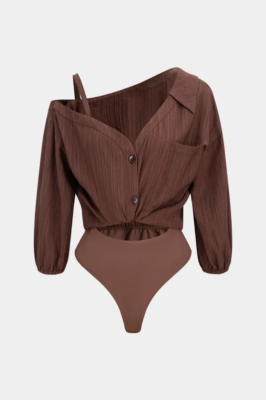 Asymmetrical Neck Patchwork Short Sleeve Bodysuit sold by Micas