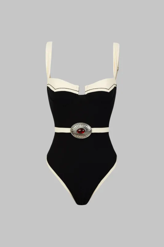 Contrast Metallic Decor Sleeveless Bodysuit sold by Micas