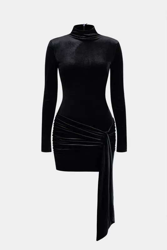 Mock Neck Velvet Ruched Zipper Long Sleeve Mini Dress sold by Micas