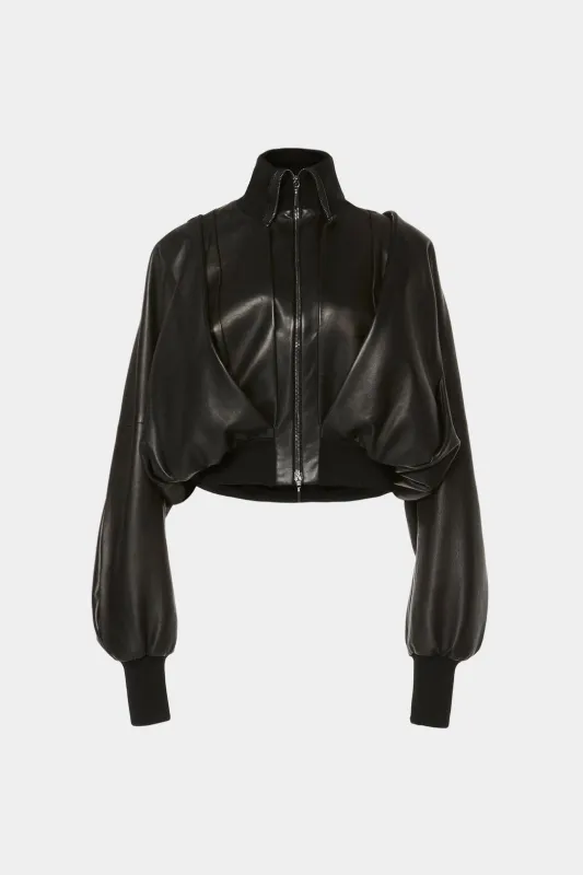 Faux Leather Patchwork Ruched Zipper Jacket sold by Micas