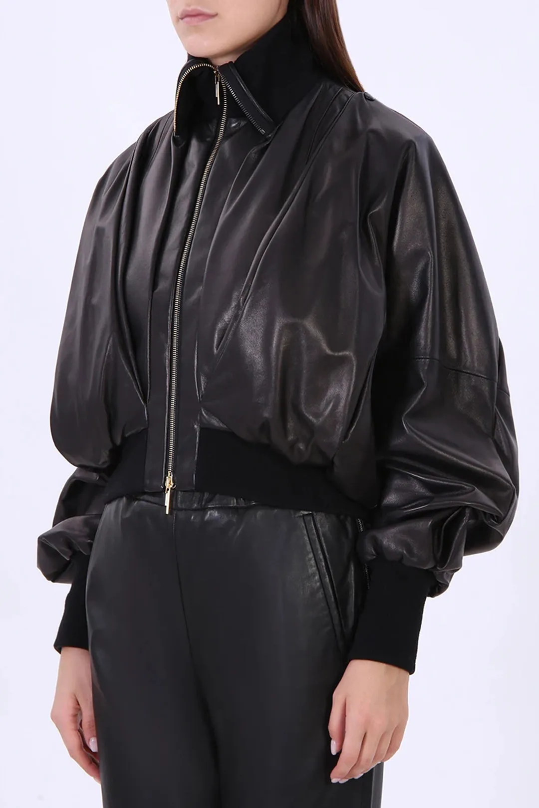 Faux Leather Patchwork Ruched Zipper Jacket sold by Micas product image thumbnail 2