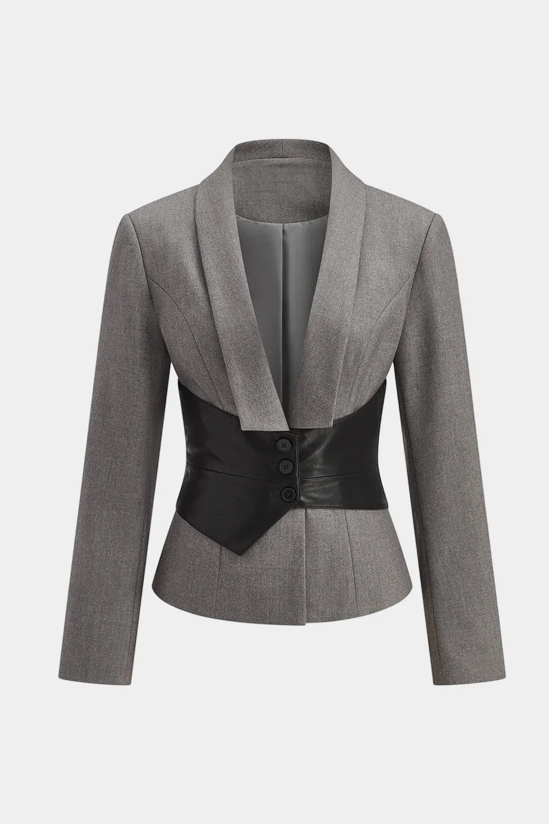 Faux Leather Patchwork Belted Blazer sold by Micas