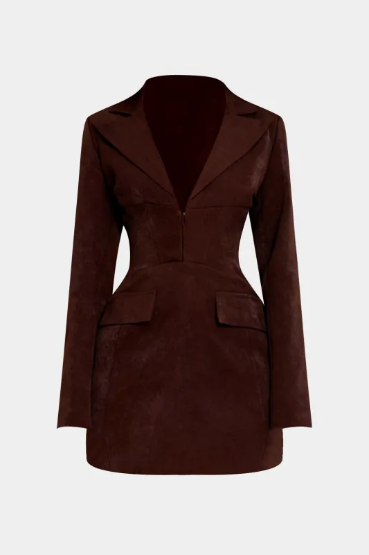 Notched Lapel V-Neck Zipper Long Sleeve Mini Dress sold by Micas