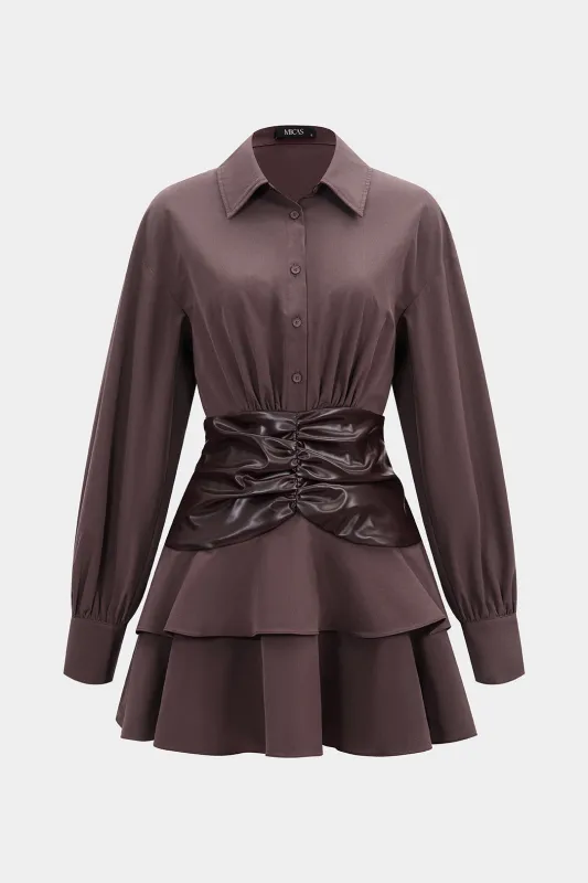 Faux Leather Patchwork Button Layered Ruched Long Sleeve Mini Dress sold by Micas