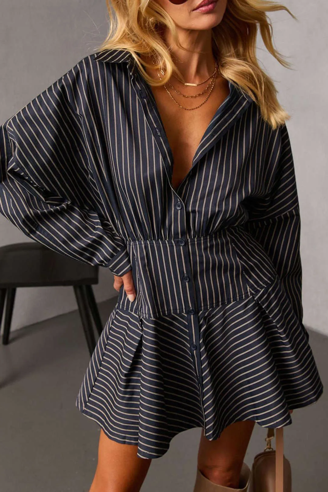 Stripes Print Button Long Sleeve Mini Dress sold by Micas product image thumbnail 3