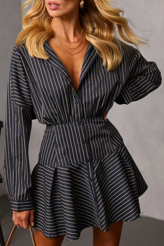 Stripes Print Button Long Sleeve Mini Dress made by Micas