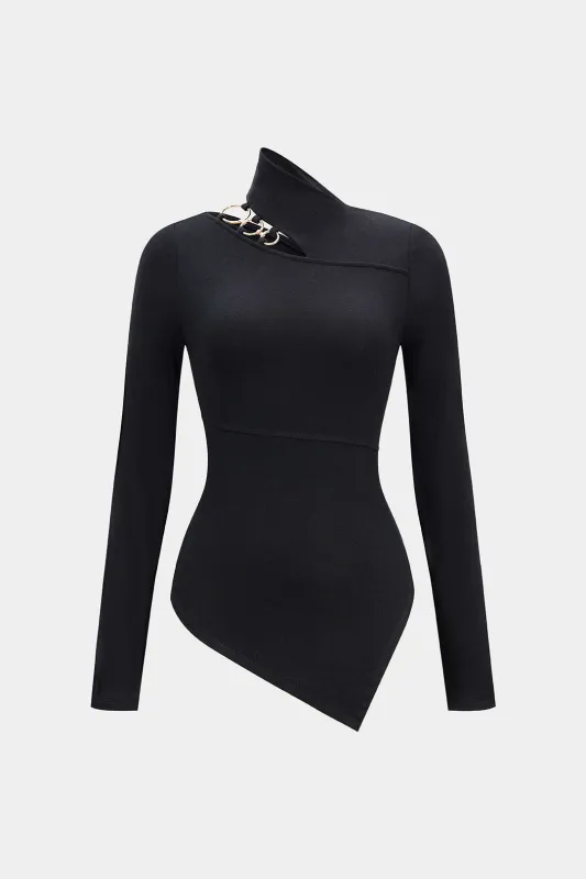 Metallic Ring Asymmetrical Long-Sleeve Top sold by Micas