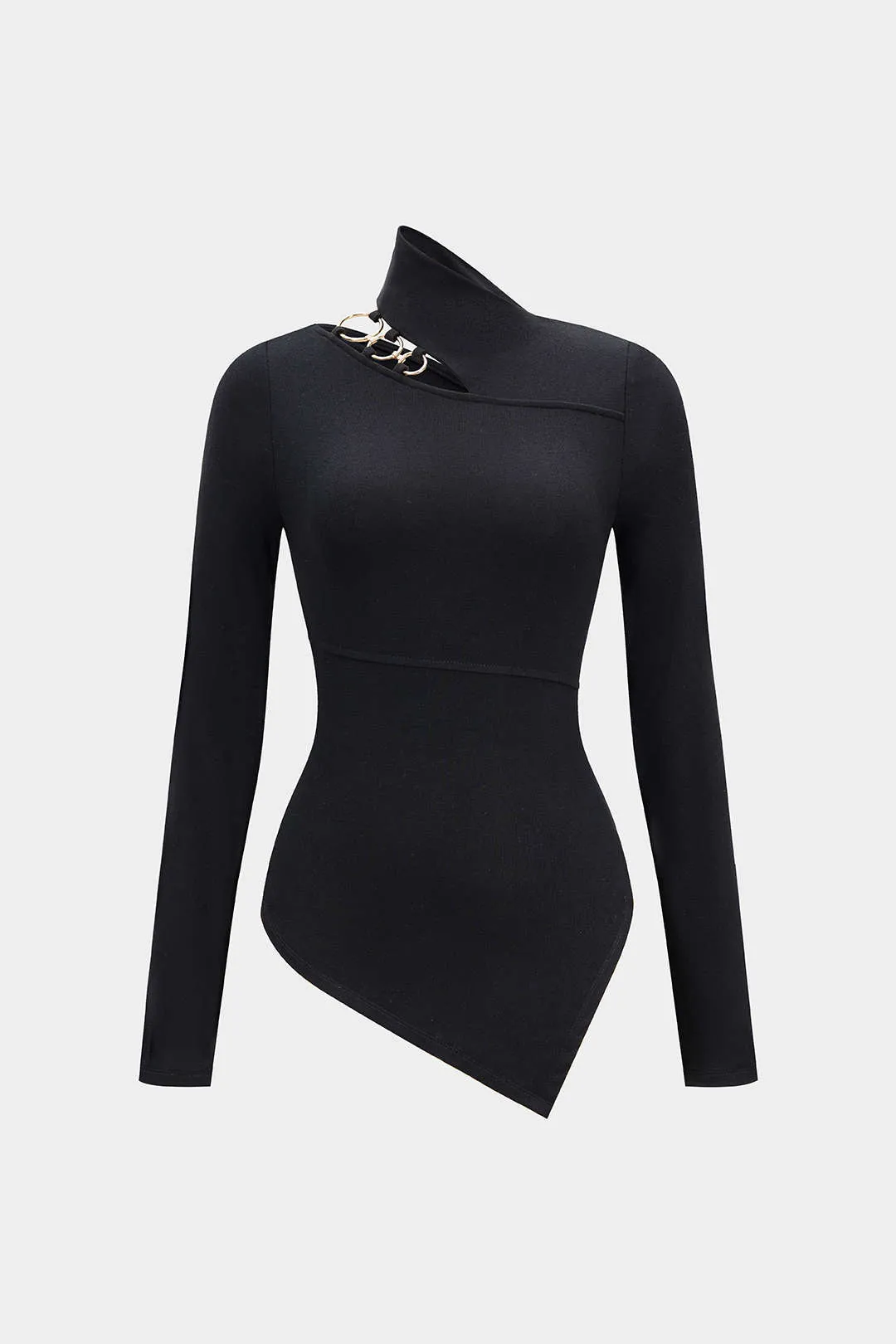 Metallic Ring Asymmetrical Long-Sleeve Top sold by Micas