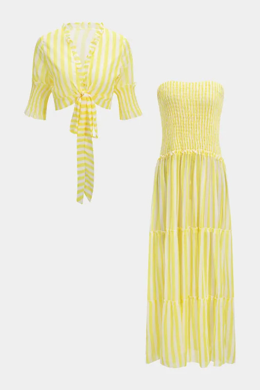 Chiffon Tie-Front Short-Sleeve Top And Smocked Dress Set sold by Micas