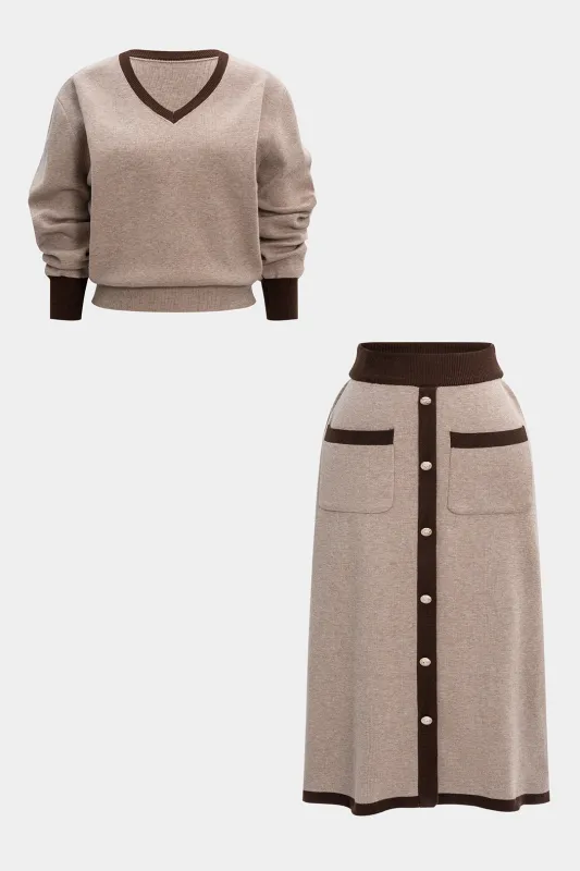 Plus Size Knit Contrast V-Neck Long-Sleeve Top And Pocket Skirt Set sold by Micas