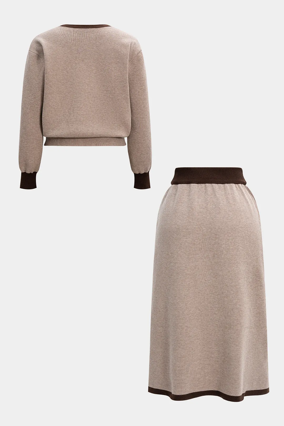 Plus Size Knit Contrast V-Neck Long-Sleeve Top And Pocket Skirt Set sold by Micas product image thumbnail 3