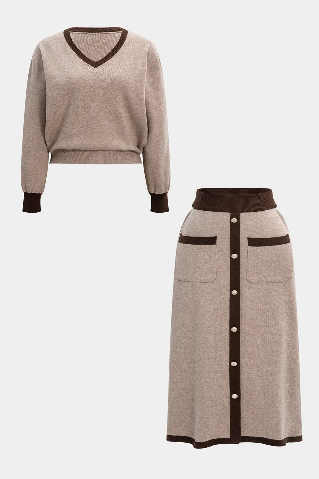 Plus Size Knit Contrast V-Neck Long-Sleeve Top And Pocket Skirt Set sold by Micas product image thumbnail 2
