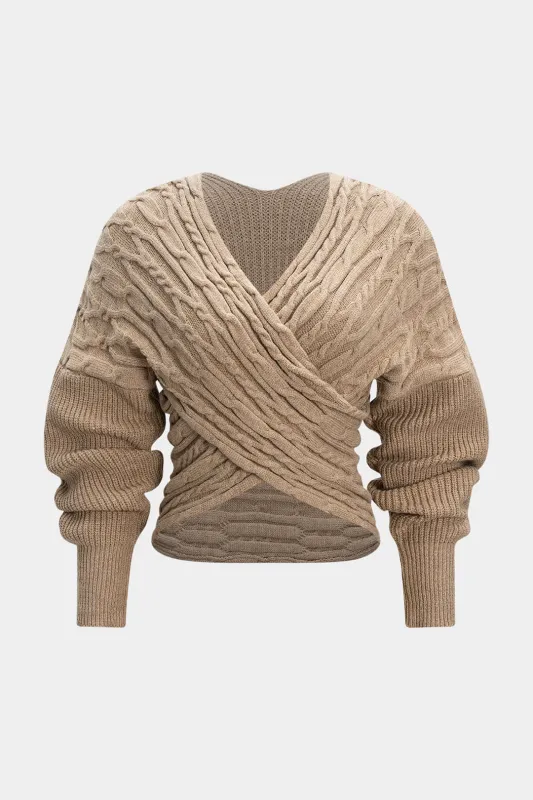 Cable Knit Crossed V-Neck Long-Sleeve Top sold by Micas