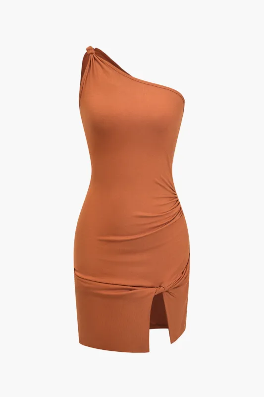Solid Ruched One Shoulder Slit Asymmetrical Mini Dress sold by Micas