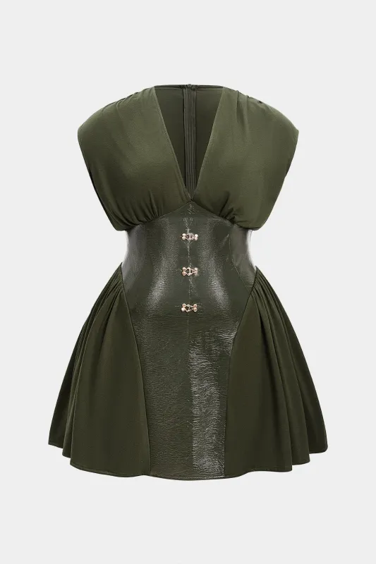 Plus Size Faux Leather Patchwork Zipper V-Neck Sleeveless Mini Dress sold by Micas