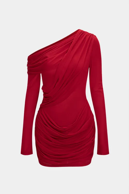 Mesh One Shoulder Ruched Asymmetrical Long Sleeve Mini Dress sold by Micas