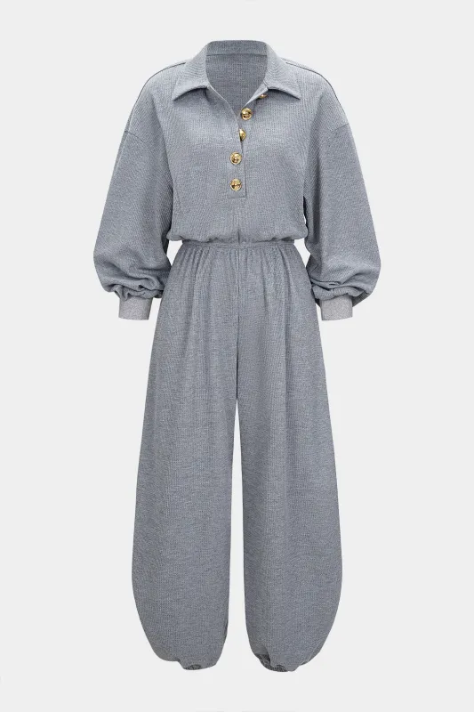 Metallic Button Long Sleeve Jumpsuit sold by Micas