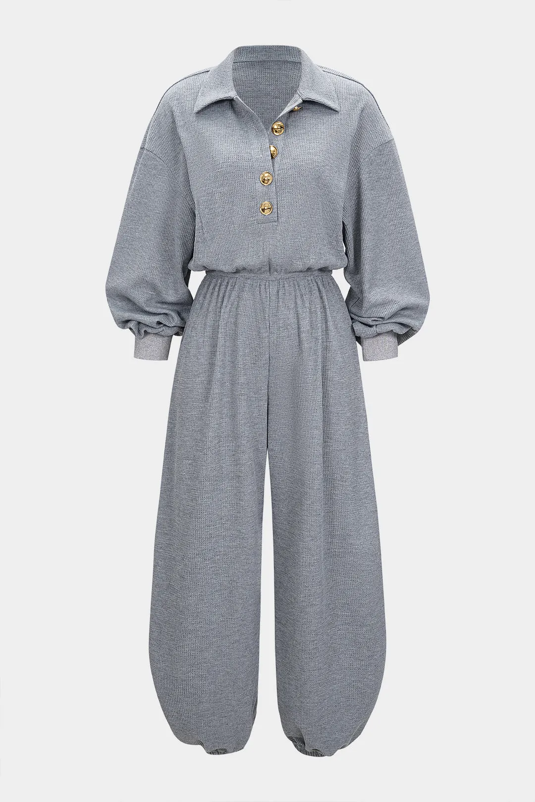 Metallic Button Long Sleeve Jumpsuit sold by Micas