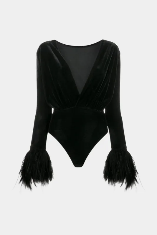 Velvet Patchwork Feather Trim Long Sleeve Bodysuit sold by Micas