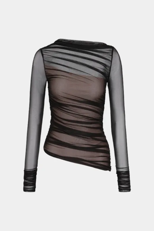 Asymmetrical Mesh Ruched Long-Sleeve Top sold by Micas