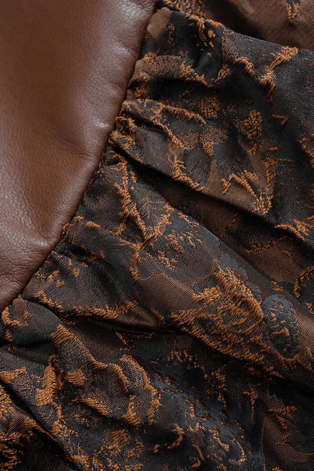 Floral Jacquard Patchwork Faux Leather Ruched Mini Skirt sold by Micas product image thumbnail 3