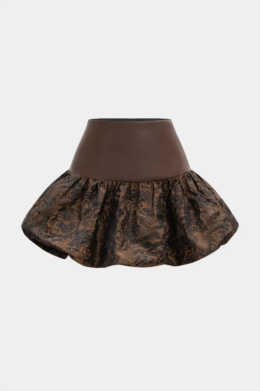 Floral Jacquard Patchwork Faux Leather Ruched Mini Skirt sold by Micas