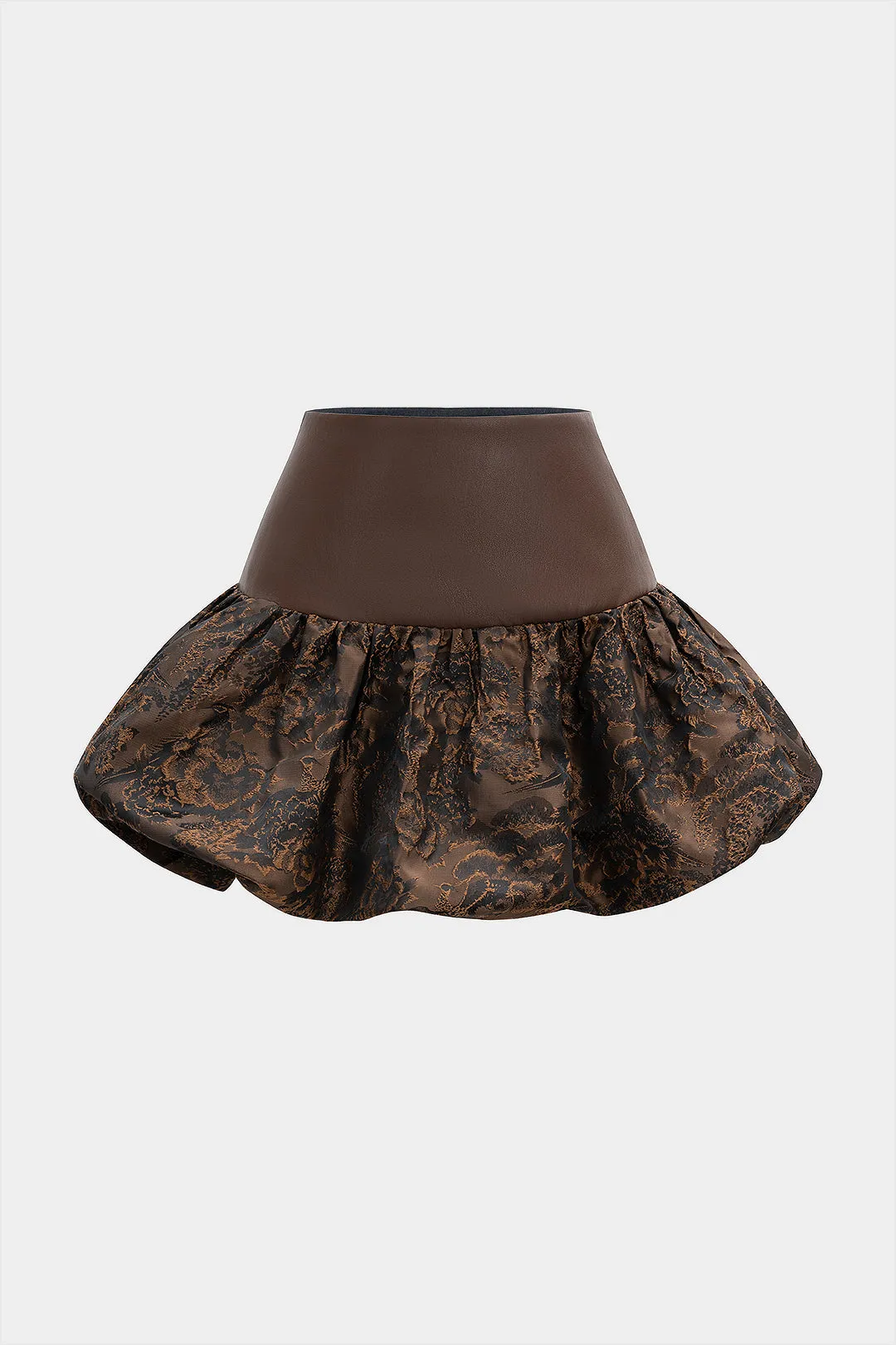 Floral Jacquard Patchwork Faux Leather Ruched Mini Skirt sold by Micas