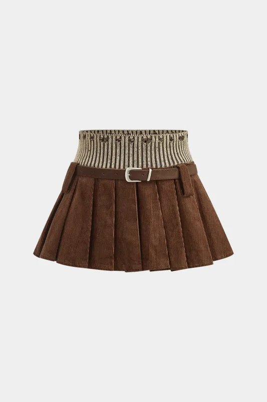 Corduroy Patchwork Knit Pleated Belted Mini Skirt sold by Micas