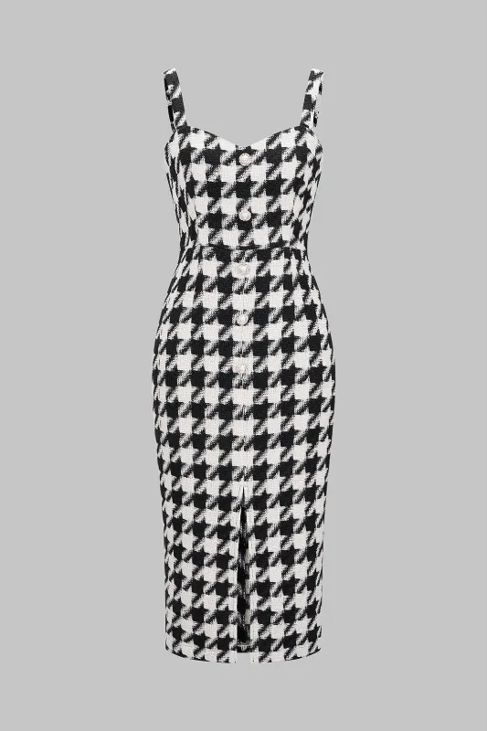 Houndstooth Print Button Sleeveless Midi Dress sold by Micas