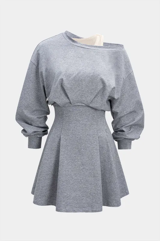 Patchwork Asymmetrical Pleated Long Sleeve Mini Dress sold by Micas