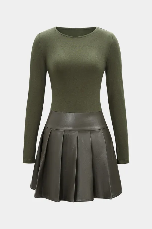 Faux Leather Patchwork Round Neck Pleated Long Sleeve Mini Dress sold by Micas