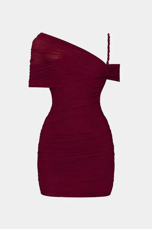 Ruched Mesh One Shoulder Twist Knot Short Sleeve Mini Dress sold by Micas