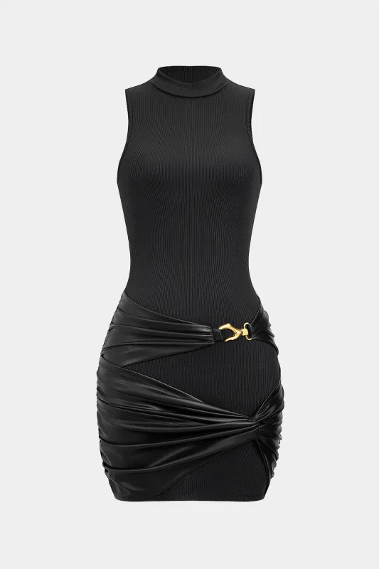 Faux Leather Patchwork Mock Neck Sleeveless Mini Dress sold by Micas