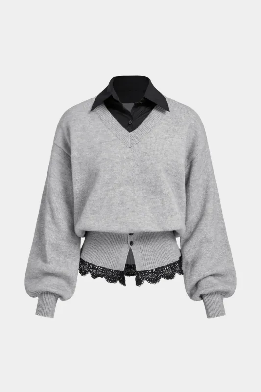 Knit Patchwork Lace Trim Long-Sleeve Top sold by Micas