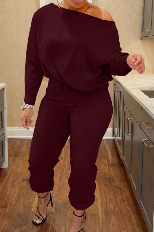 Plus Size Off-Shoulder Long-Sleeve Top And Drawstring Pants Set sold by Micas