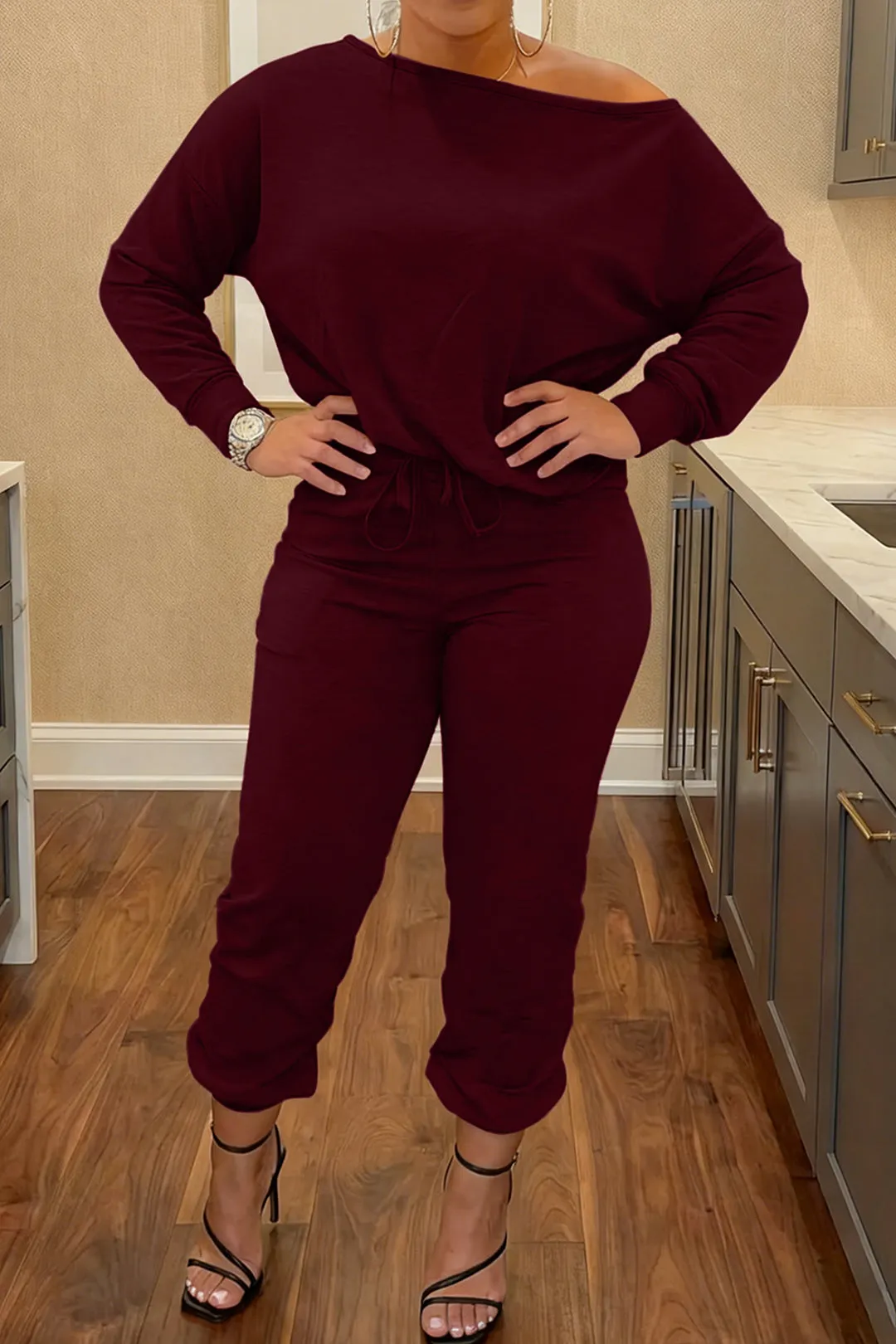 Plus Size Off-Shoulder Long-Sleeve Top And Drawstring Pants Set sold by Micas product image thumbnail 2
